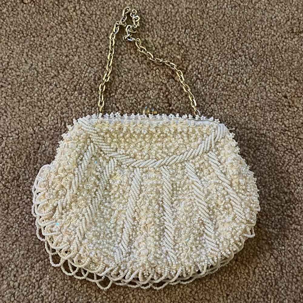White beaded sequin evening bag with gold detailing